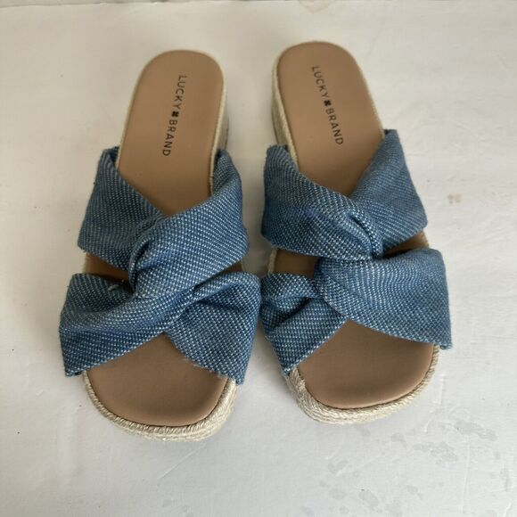 Lucky Brand Grenly Blue Fabric Twist‎ Espadrille Slide Sandals Sz 8.5 Platform - Picture 3 of 10